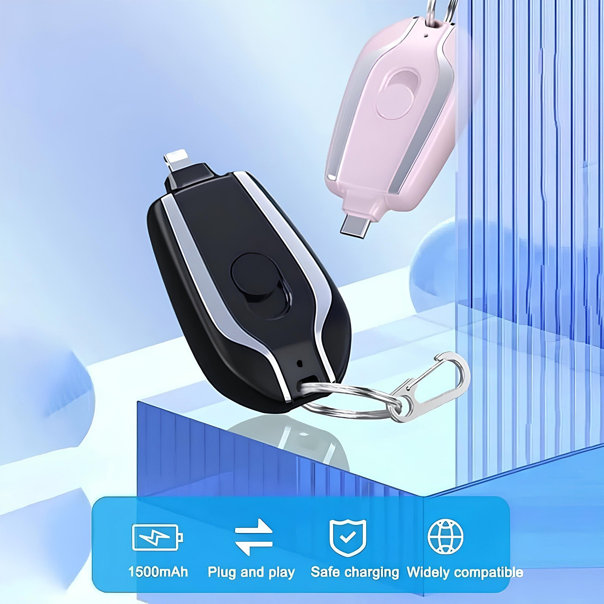 Power Bank Key Chain Black & Pink Portable Emergency Fast Finger Mini 1500mah Type C Android & iPhone Plug